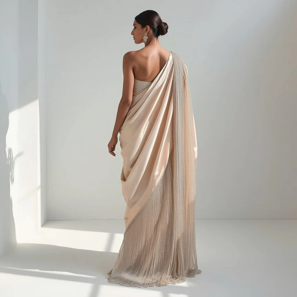 Champagne Satin with Heavy Crystal Mesh Overlay Saree | Looking Over Shoulder Pose | Trending Ai Prompt