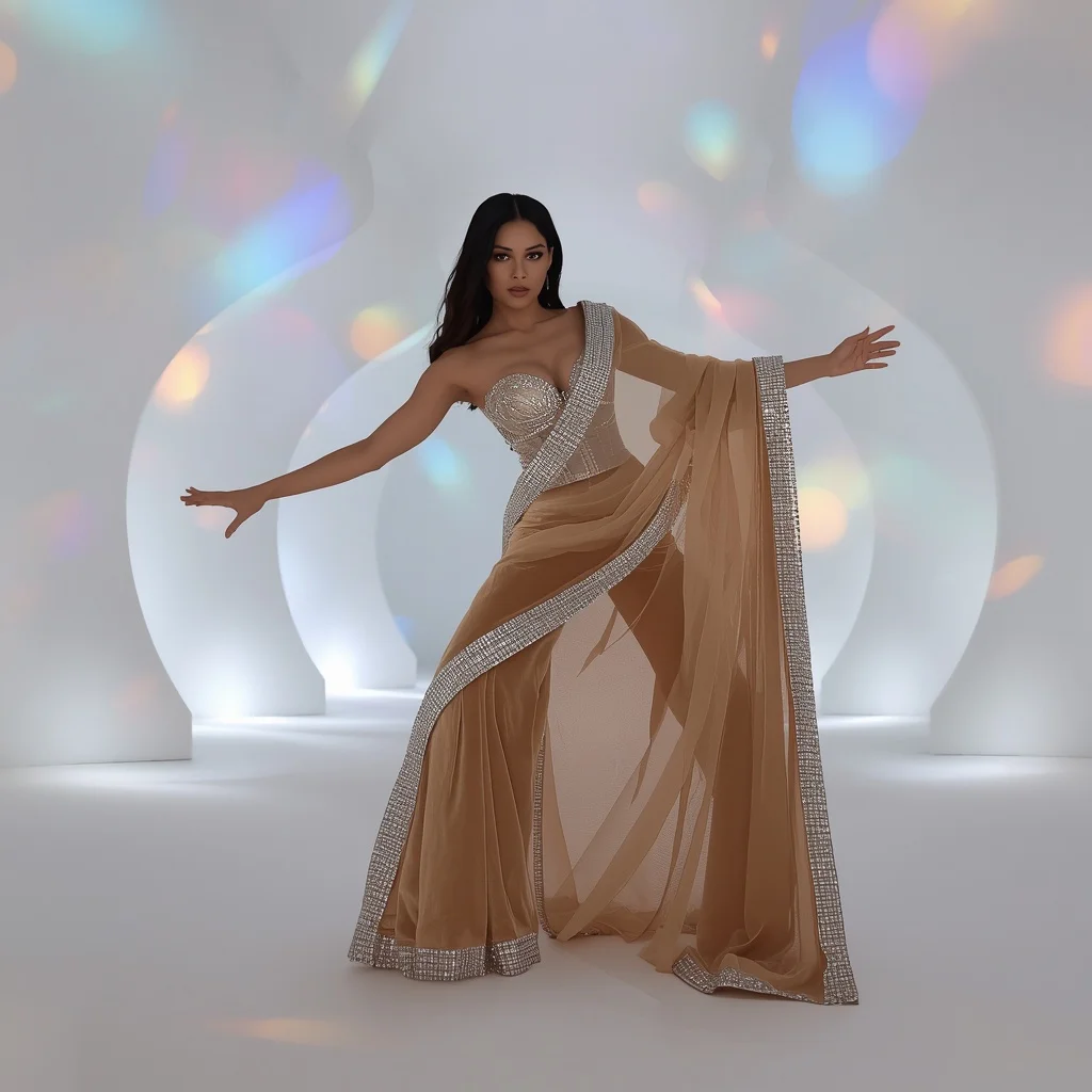 Champagne Velvet Saree with Massive Crystal Corset and Dramatic Drape | Instagram Girl Gemini Prompt