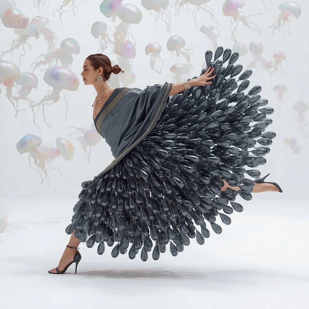 Charcoal Metallic Foil & Massive 3D Glass Teardrop Saree | The Forward Airborne Lunge Strike | Floating Iridescent Jellyfishes | Best AI Art
