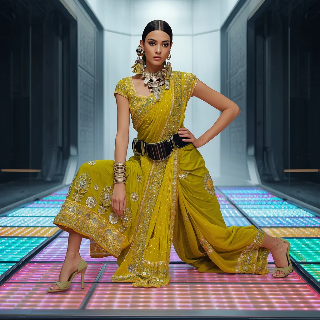 Chartreuse Yellow Heavy Gota Patti Saree with Metallic Belt | Gemini Ai Prompt For Instagram