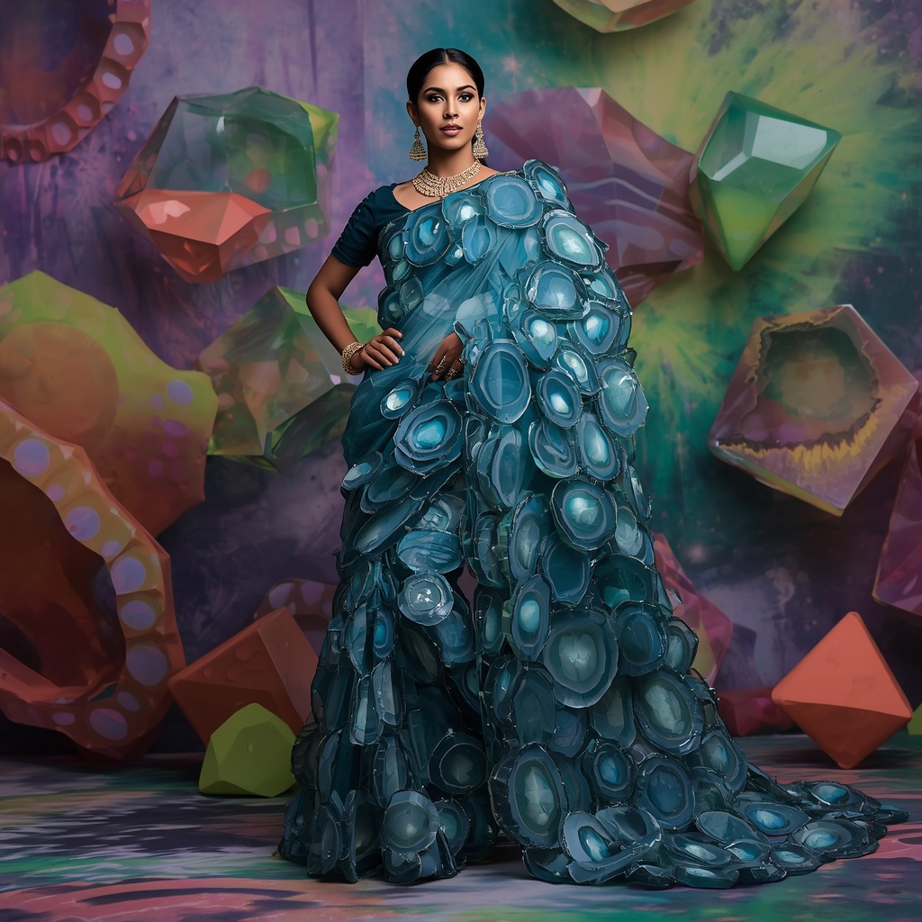 Chic Fancy Festival Attire: Teal Blue Georgette with Floating 3D Geode Slices | Flux Ai Prompt