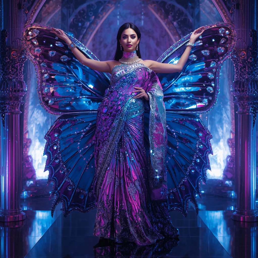Chrome Butterfly Diamond Palace Saree with Neon Universe Fortress | Prompt For Traditional Look For Girl