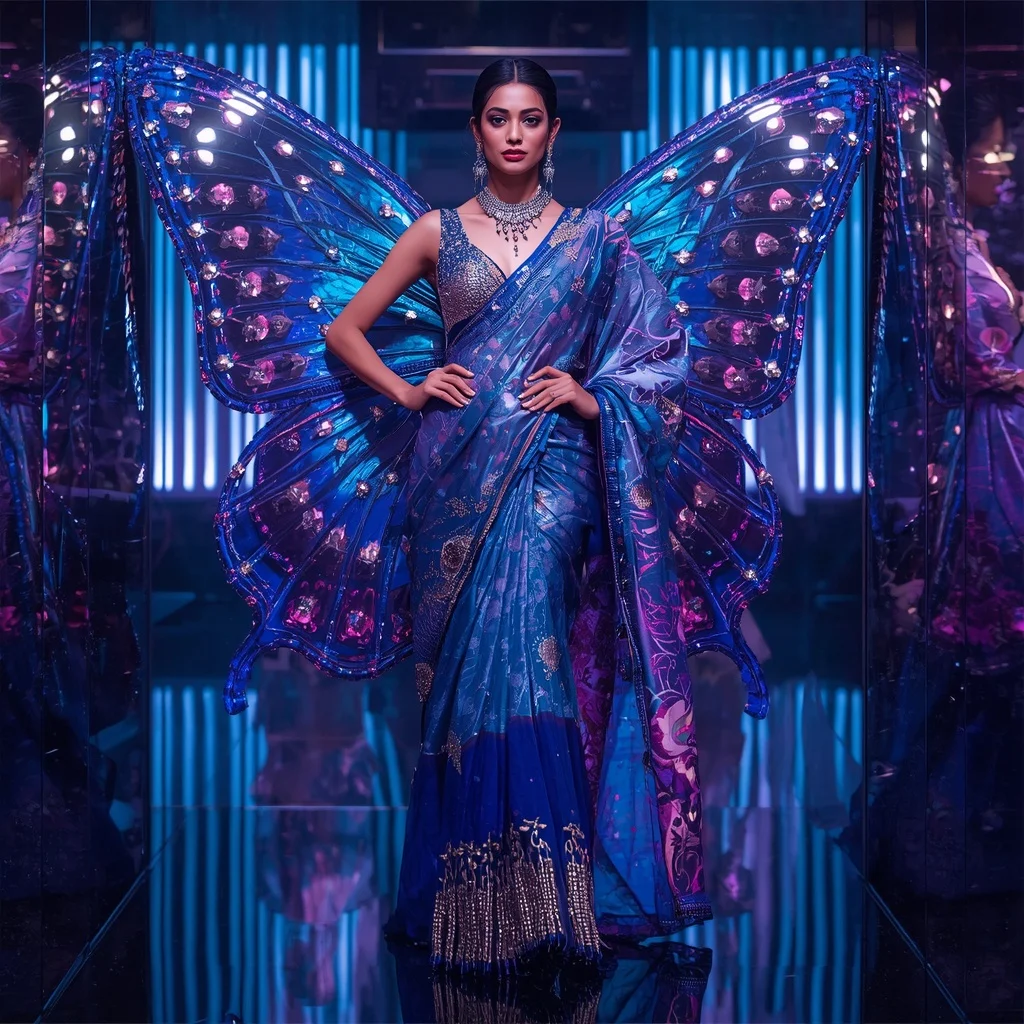 Chrome Butterfly Sapphire Palace Saree with Neon Universe Kingdom | Ai Image Generator Prompt