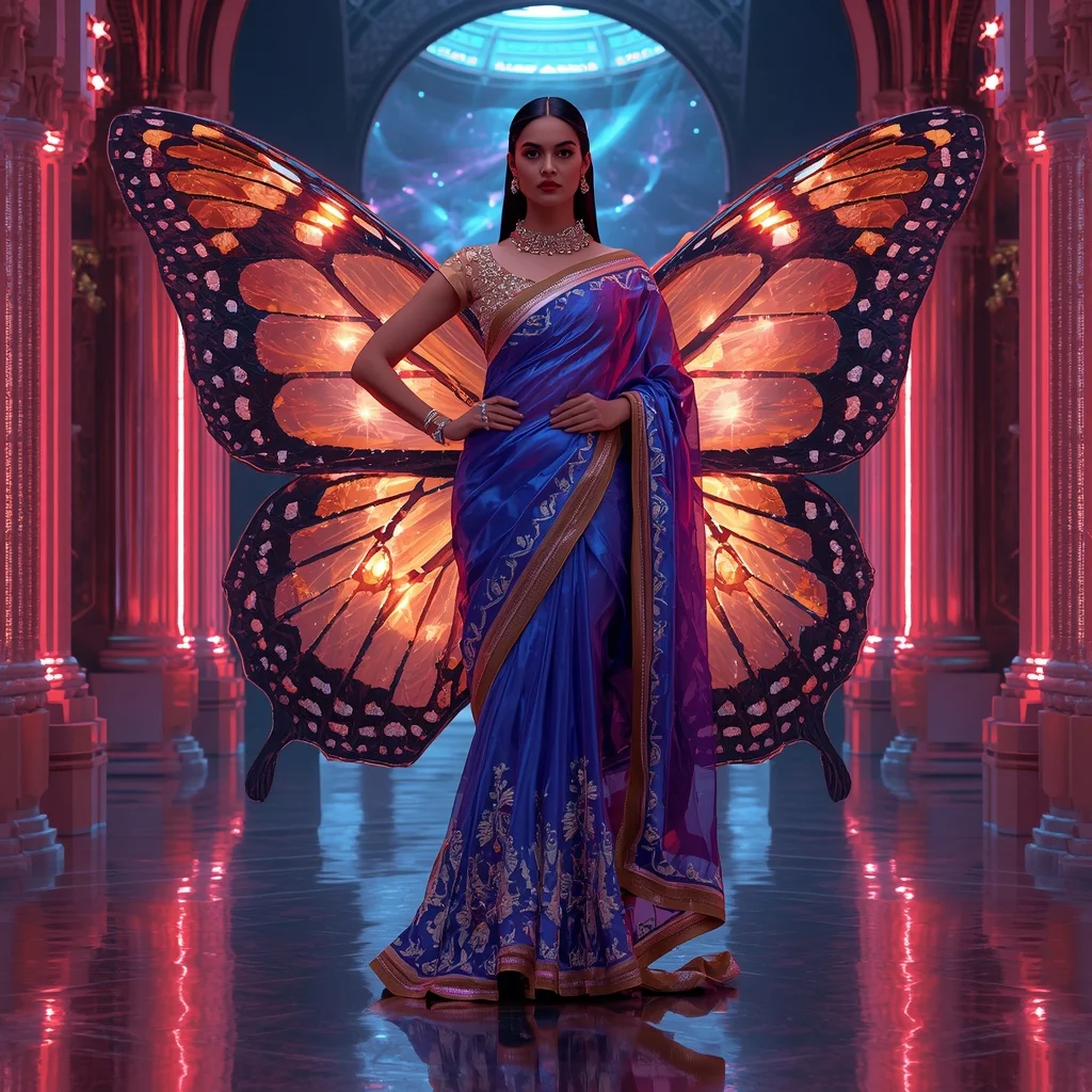 Chrome Butterfly Solar Palace Saree with Neon Universe Fortress | New Instagram Trend Prompt For Girl