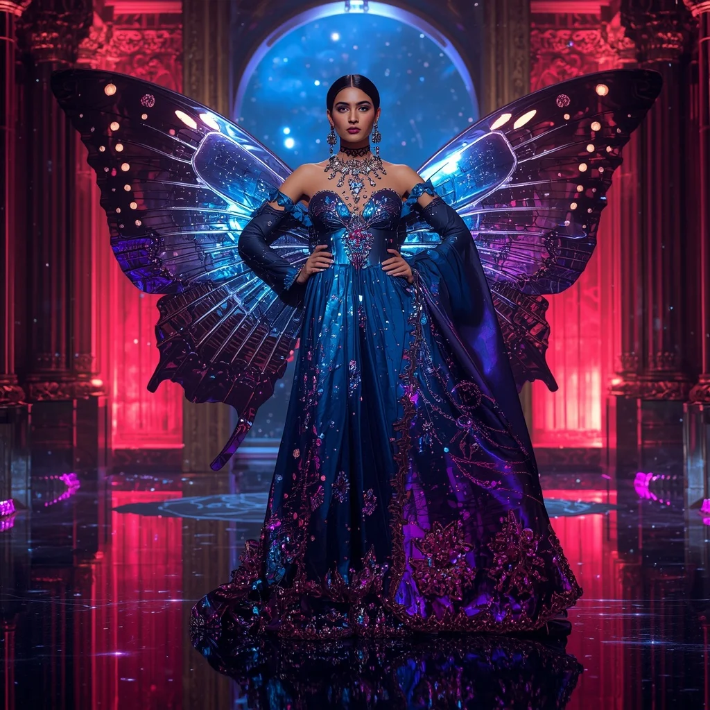 Chrome Butterfly Solar Throne Saree with Neon Universe Citadel | Editing Prompt Girl