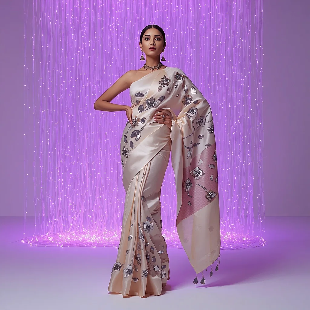 Chrome Floral 3D Silk Saree – Hand-on-Hip Gaze with Violet Fiber Optics | Face Ai Prompt