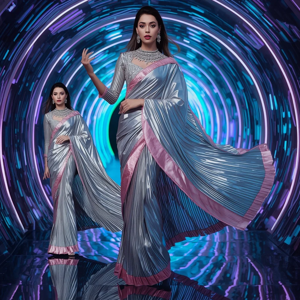 Chrome Mirage Saree with Floating Laser Tunnel | Best Ai Prompt 2026