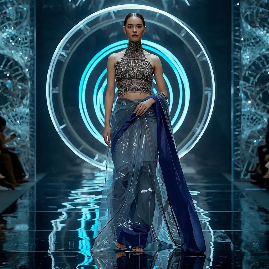 Chrono Glass Saree with Time-Fragment Fabric Layers | Female Model Ai Prompt