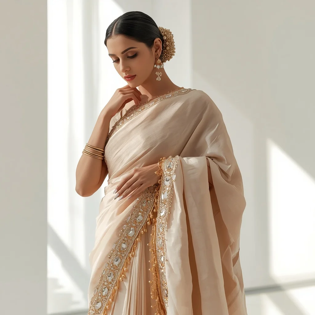 Chunky Glass Stonework Champagne Tissue Silk Saree | Elegantly Adjusting Pallu Pose | Ultra Realistic Ai Prompt