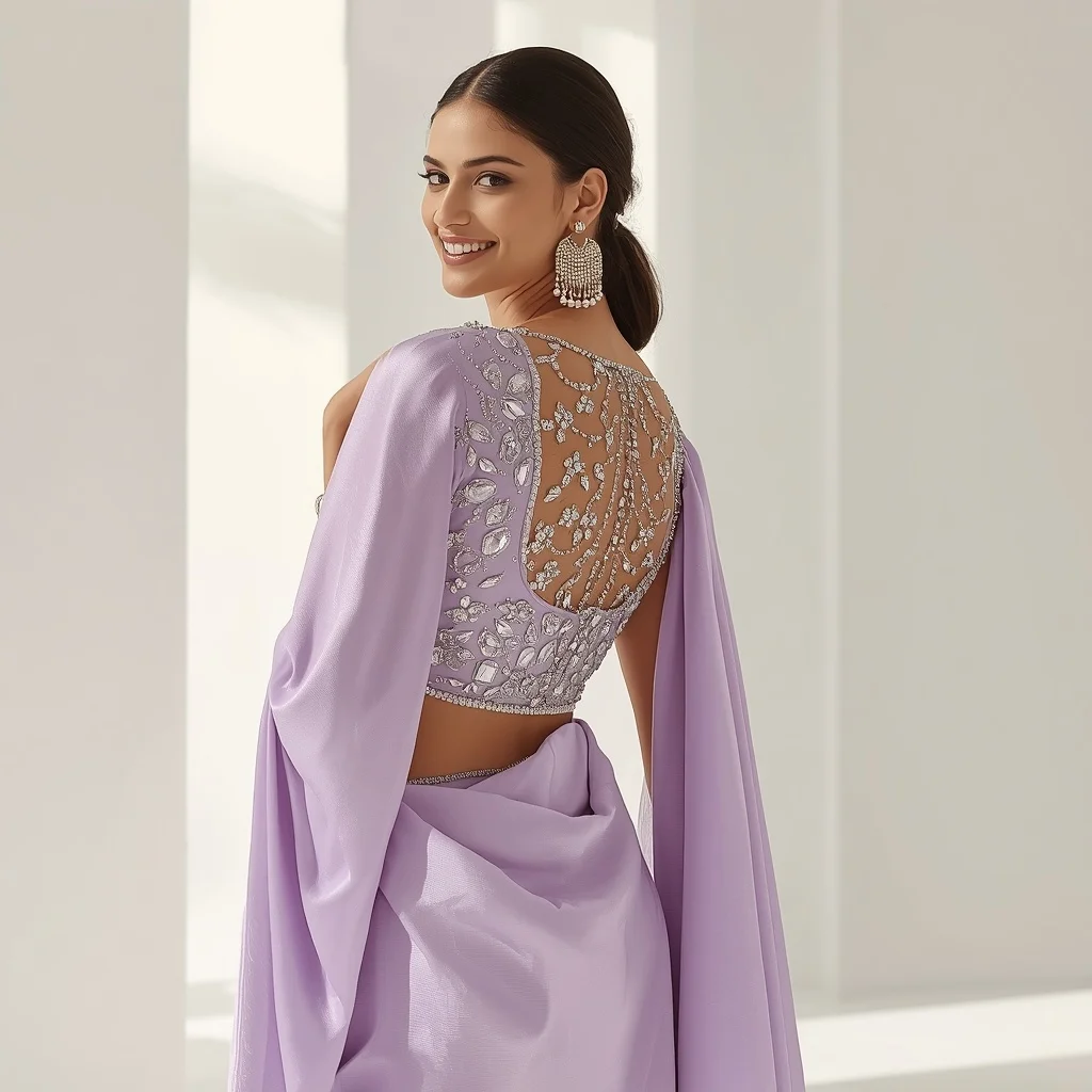 Chunky Glass Stonework Silver Thread Lavender Saree | Candid Laughing over Shoulder Pose | Ai Photo Editing Prompt