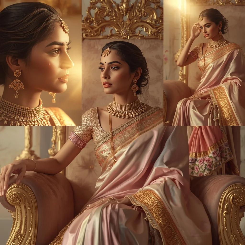 Cinematic Royal Pastel Saree Image Prompt for Women with Golden Throne Glow and Imperial Luxury | Saree Traditional Ai Prompt Indian Culture