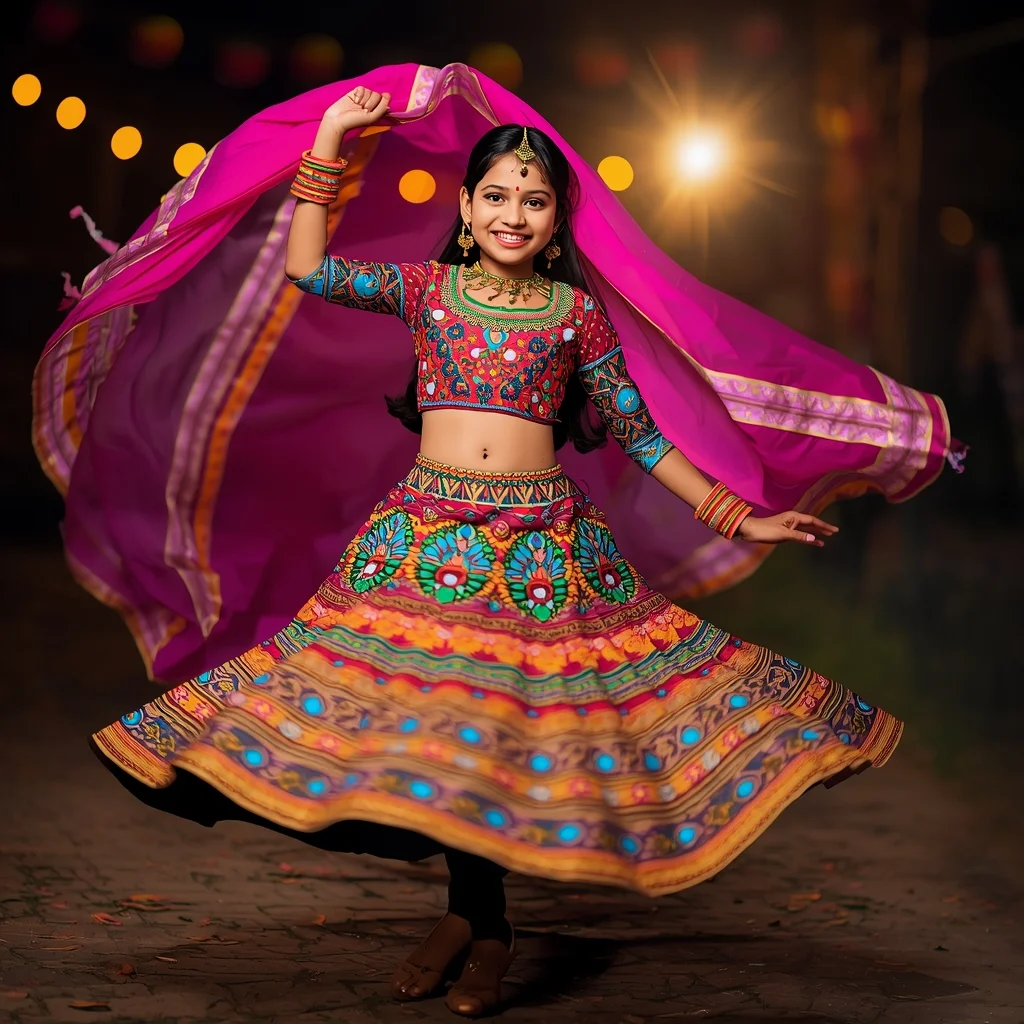 Colorful Festive Lehenga Girl Dancing – Viral Instagram Reels Style | Ai image Prompt