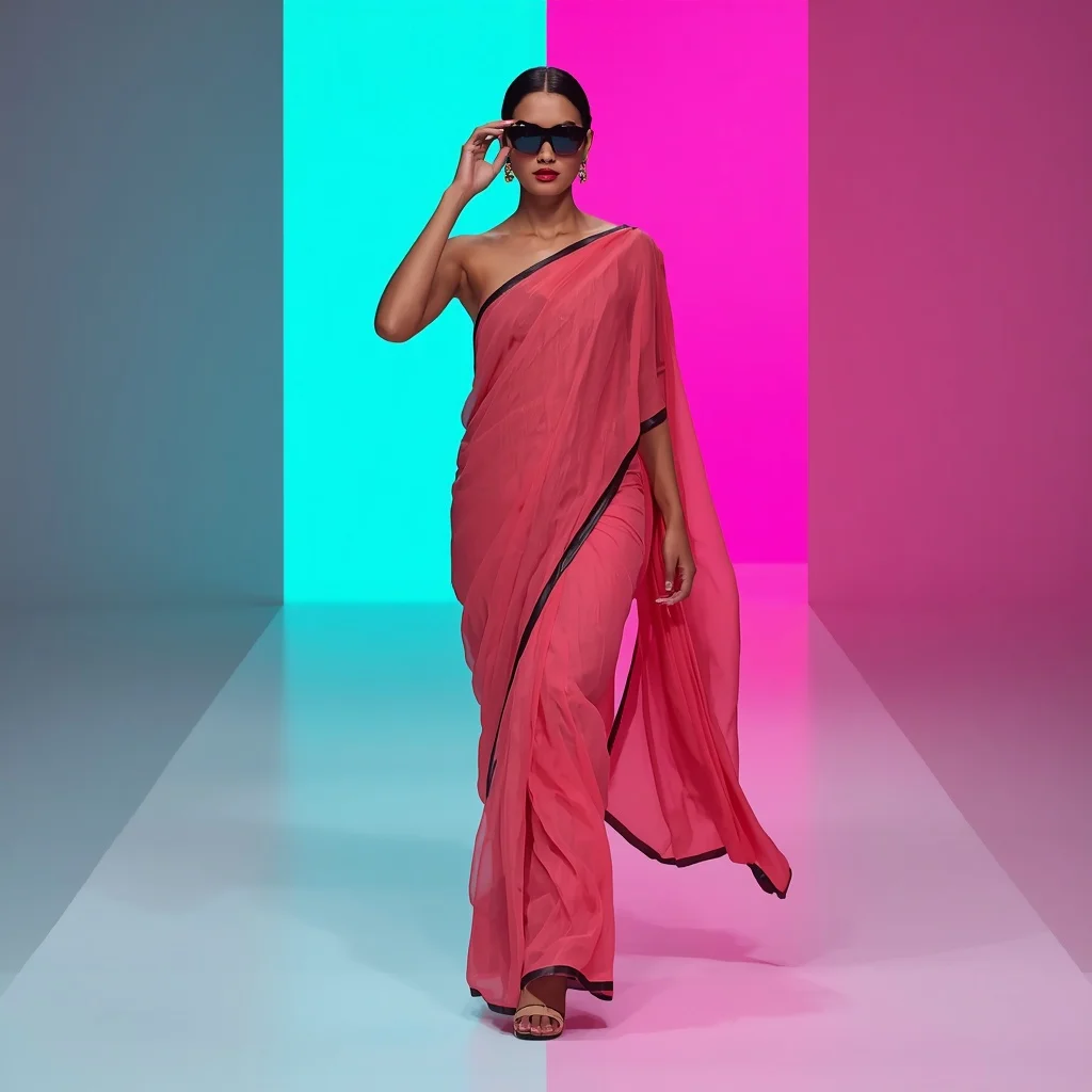 Coral Chiffon Leather-Trim Saree – Runway Power Walk with Split Neon Wall | Ai Image Prompt