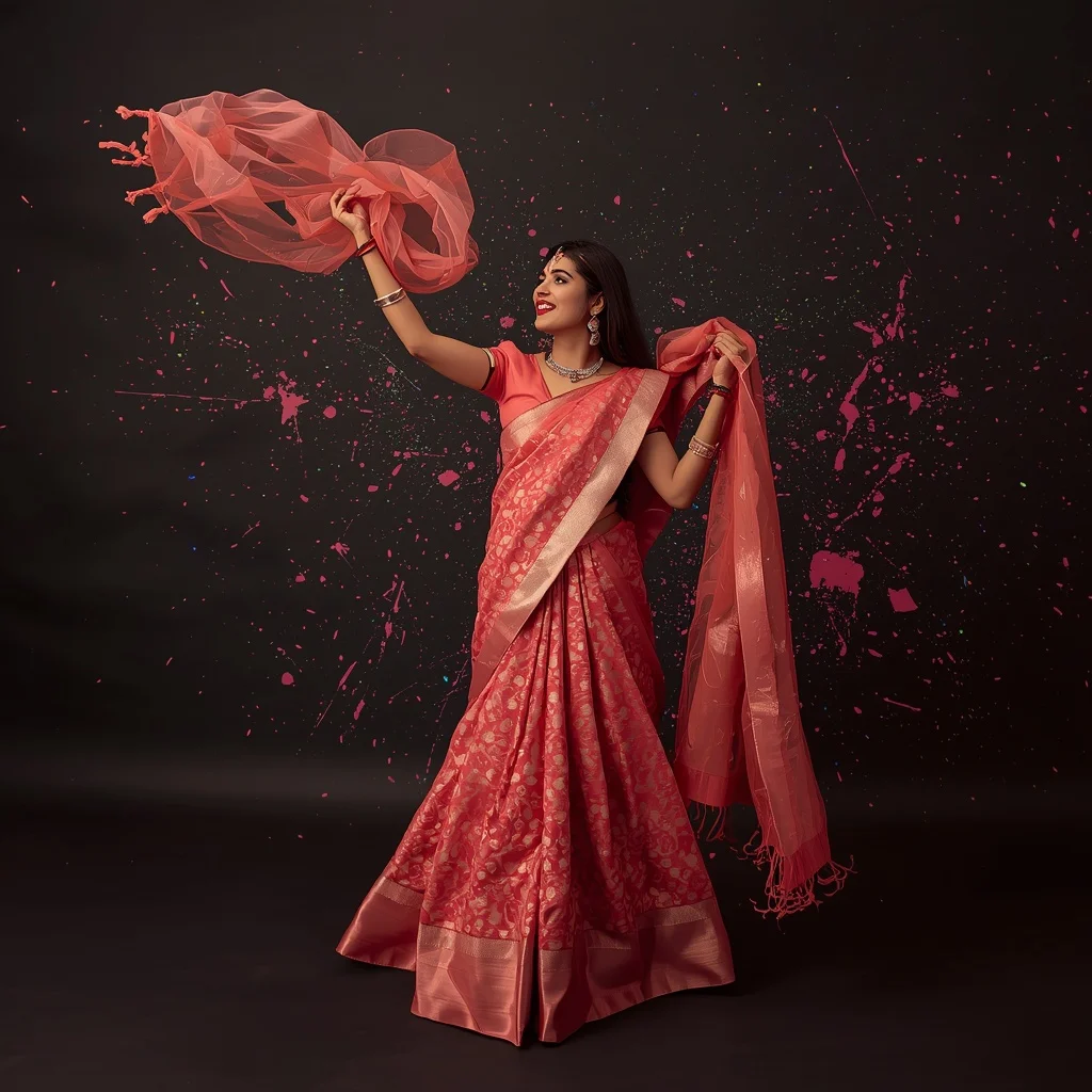 Coral Crushed Metallic Saree – Playful Fabric Catch with Abstract Neon Splatter | Desi Girl Ai Prompt