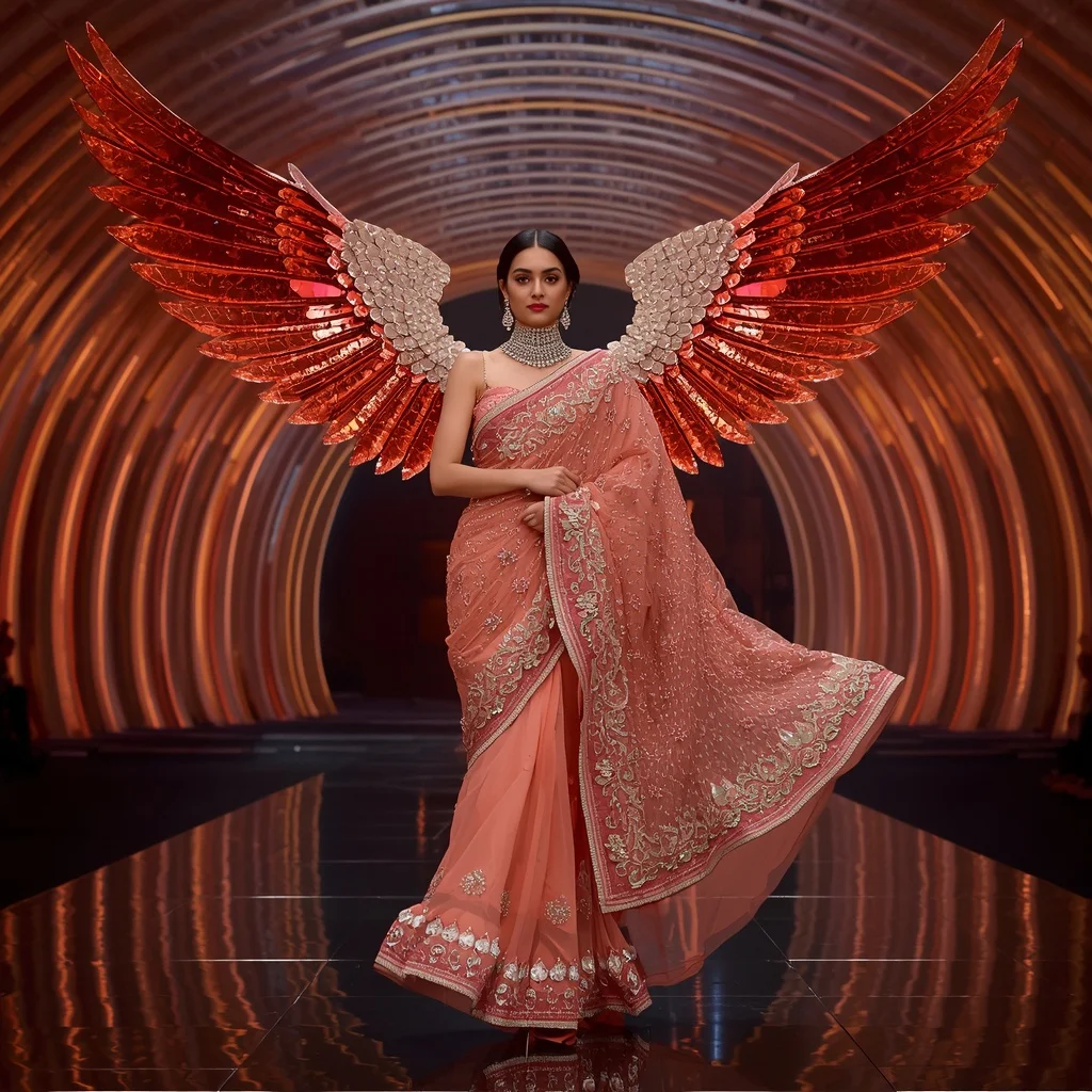 Coral Flamingo Royale Saree with Crystal Wing Infinity Dome | Prompt Seen Gemini Girl Instagram