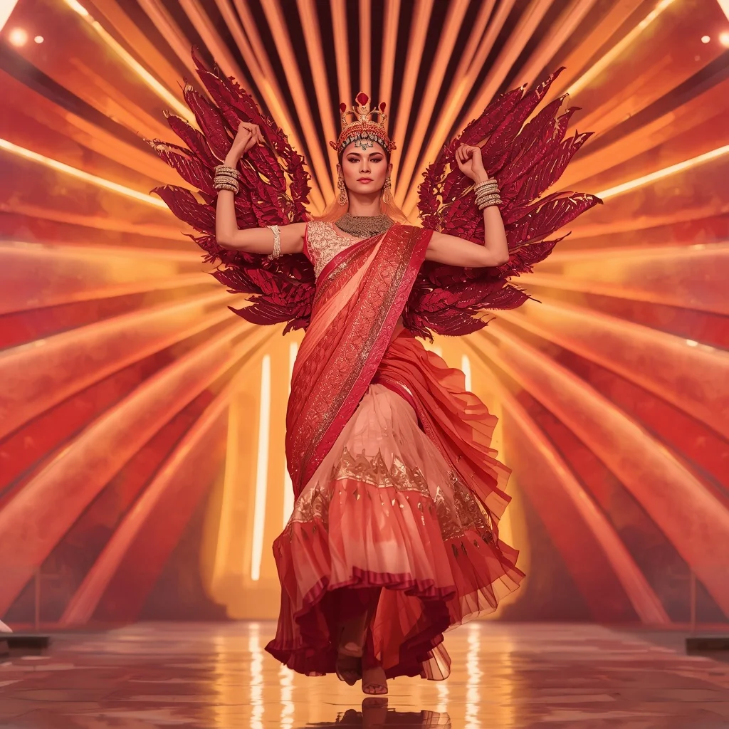Coral Garuda Queen Saree with Radiant Wing Zenith Crown Palace | Wedding Ai Prompt