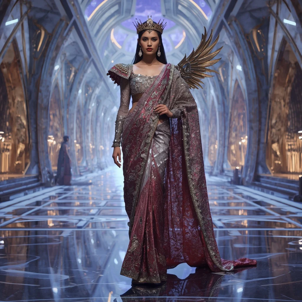 Cosmic Diamond Valkyrie Saree with Quantum Celestial Crown Citadel | Trending Ai Prompt