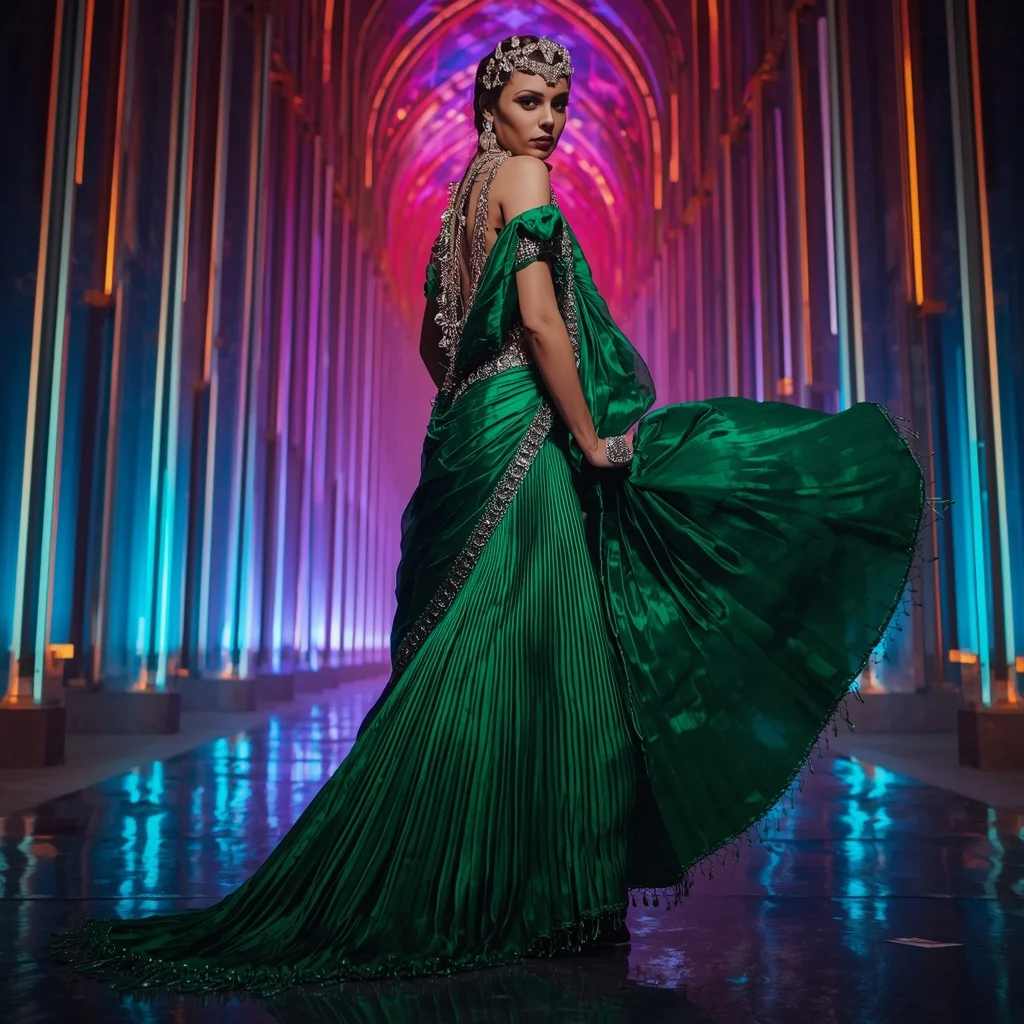 Cosmic Emerald Queen Saree with Neon Reflection Galaxy Cathedral | Festive Prompt