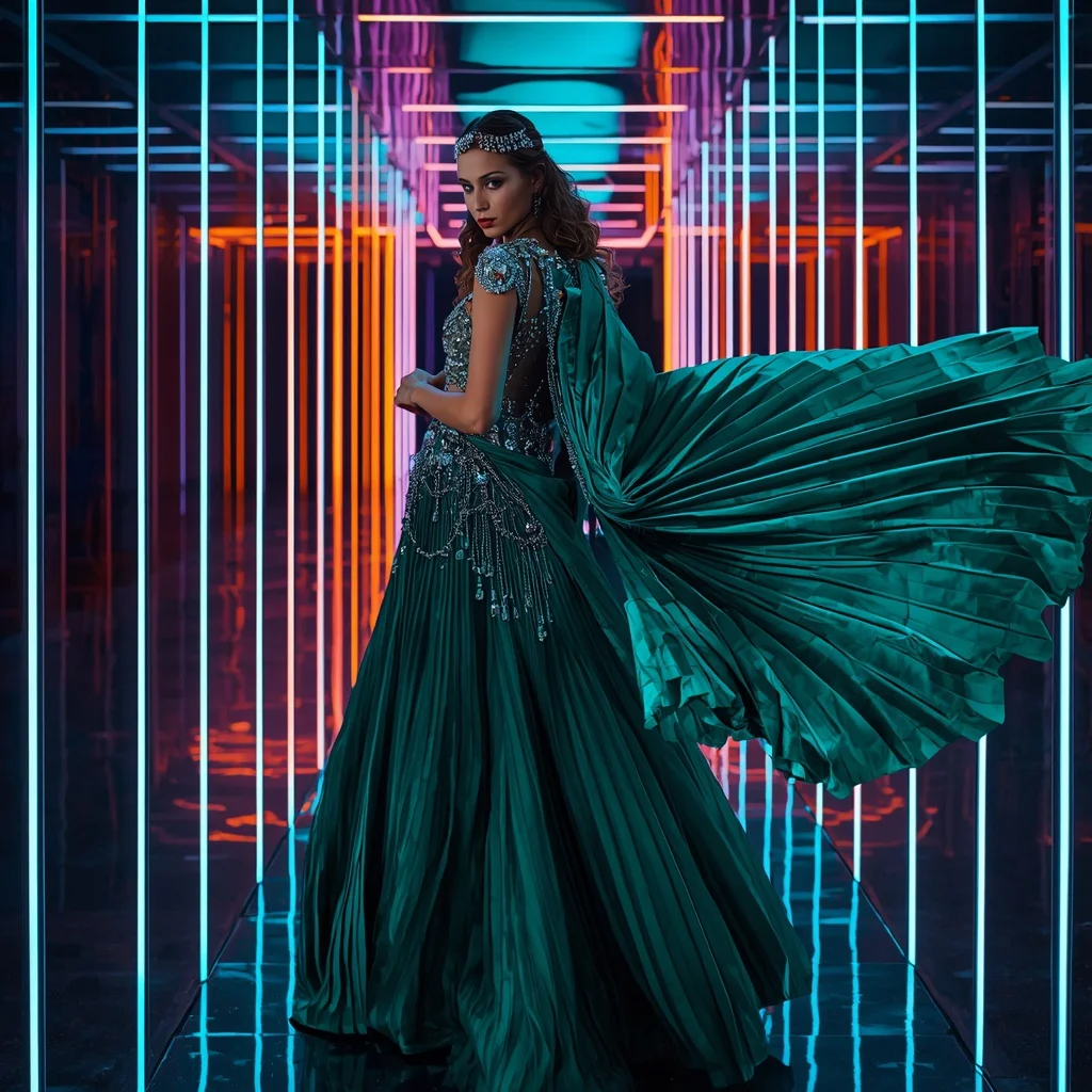 Cosmic Emerald Queen Saree with Neon Reflection Galaxy Hall | Prompt Seen Girl