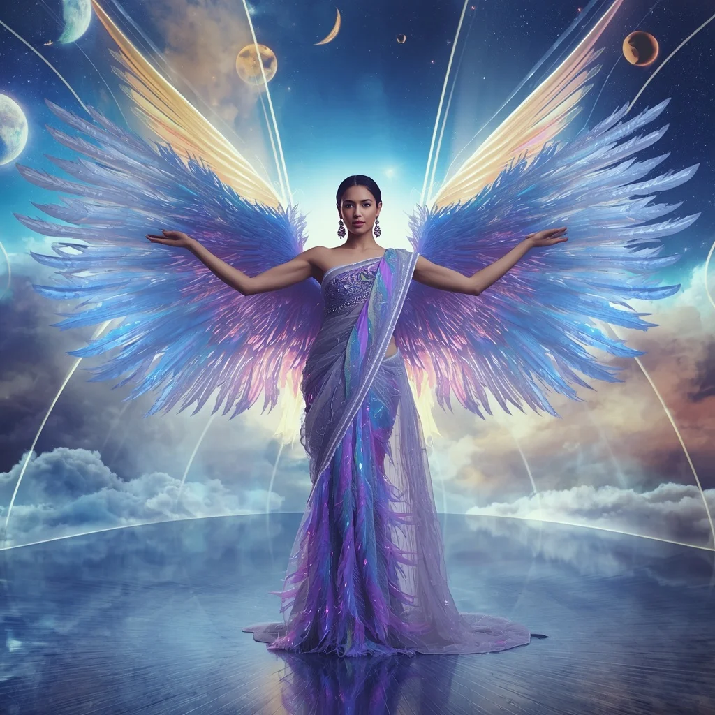Cosmic Feather Plasma Saree with Sky Energy Wings | Woman Pose Ai Prompt