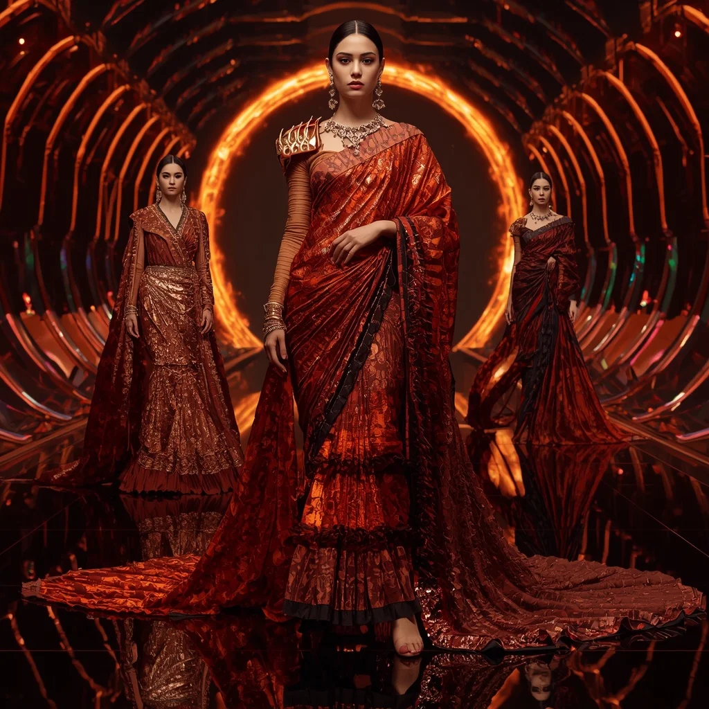 Cosmic Lava Empress Saree with Floating Infinity Fire Rings | Gemini Ai Prompt