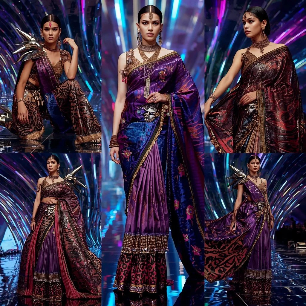 Cosmic Leopard Royale Saree with Floating Infinity Neon Nexus | ChatGPT Ai Prompt