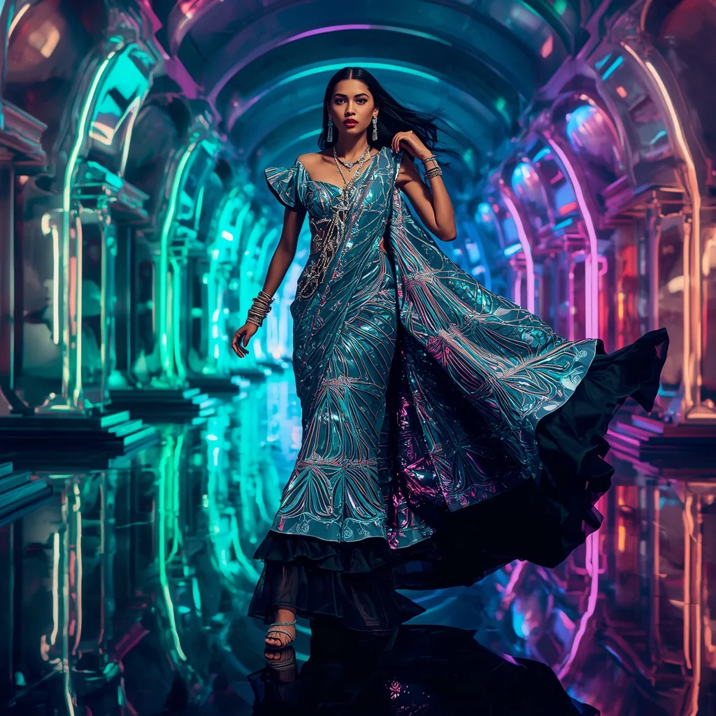Cosmic Mirror Empress Saree with Floating Neon Infinity Temples | Prompt Ai