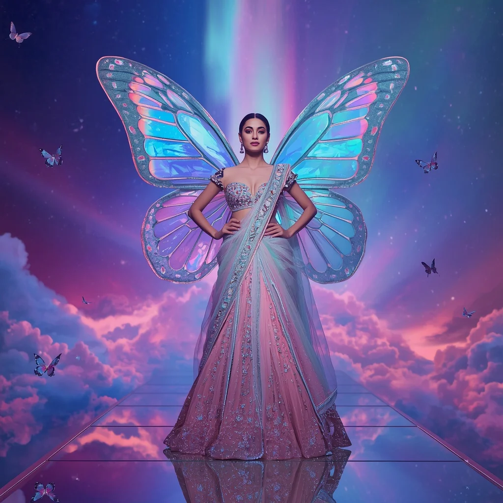 Cosmic Opal Butterfly Saree with Infinite Aurora Skybridge Background | Prompt Generator
