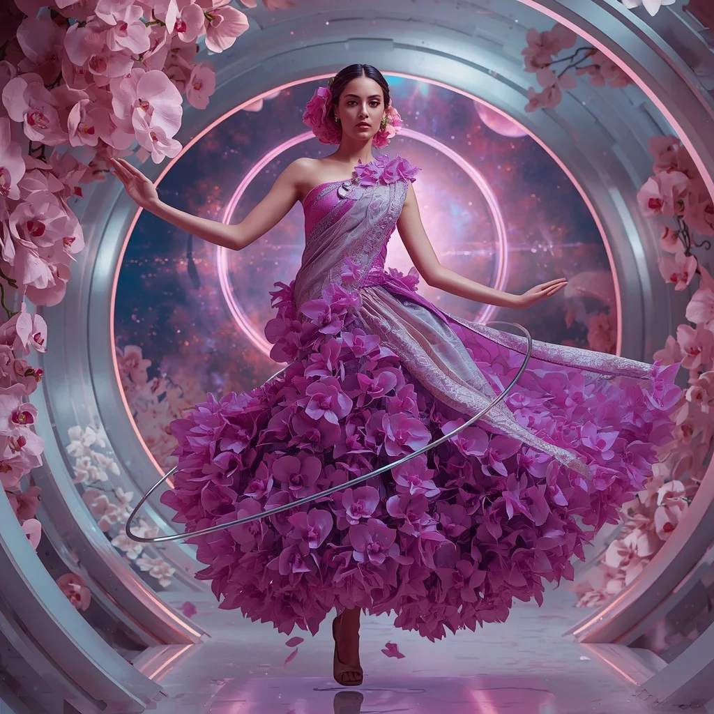 Cosmic Orchid Gravity Saree with Floating Floral Orbit | Prompt For Traditional Look For Girl Chatgpt Instagram
