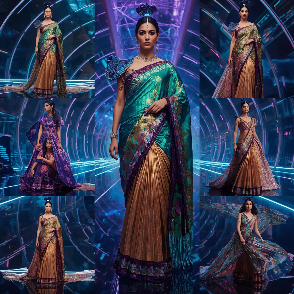 Cosmic Peacock Empress Saree with Floating Infinity Neon Diamond Palace | Gemini Photo Prompt