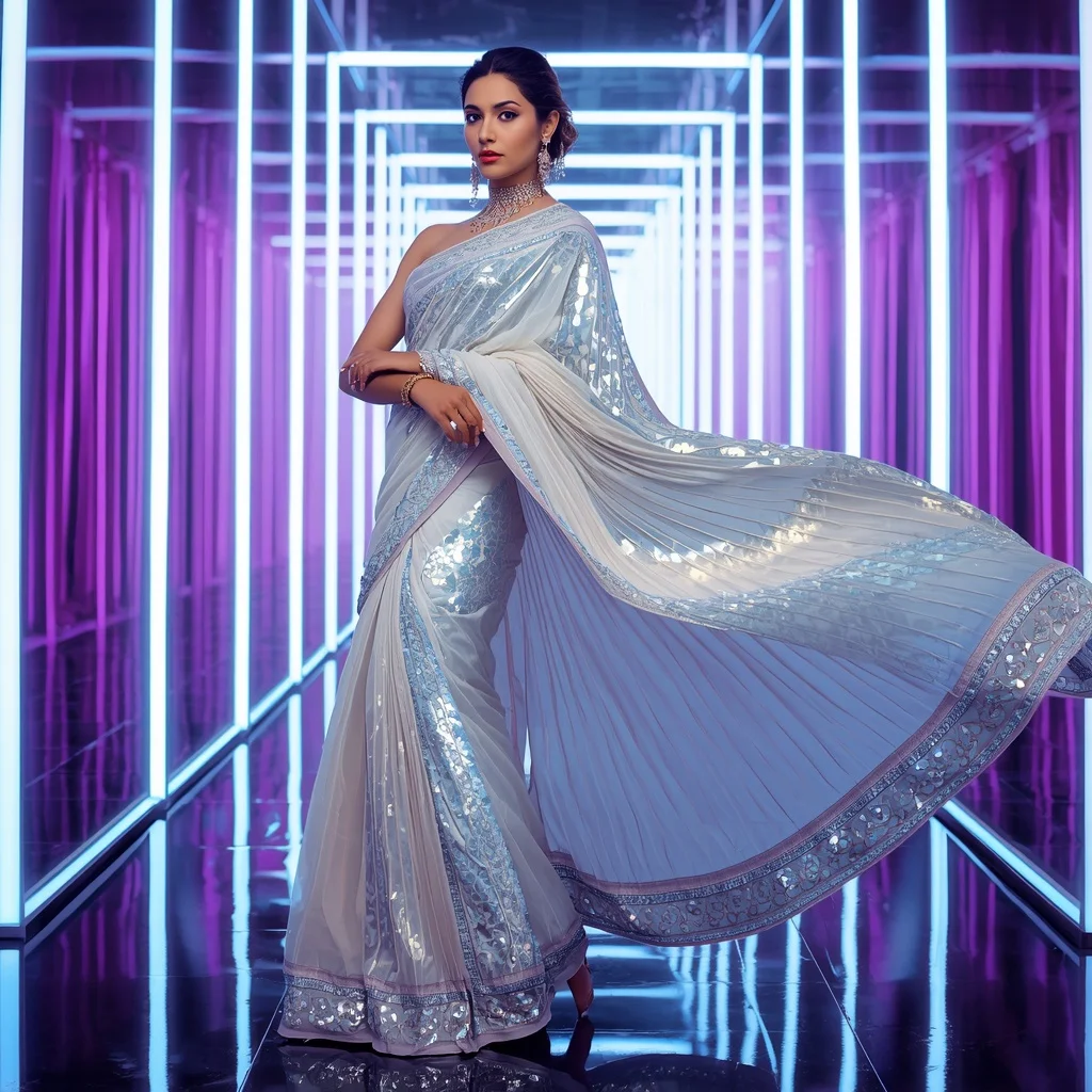 Cosmic Pearl Eclipse Saree with Dynamic Neon Prism Corridors | Prompt For Gemini AI Girl Model