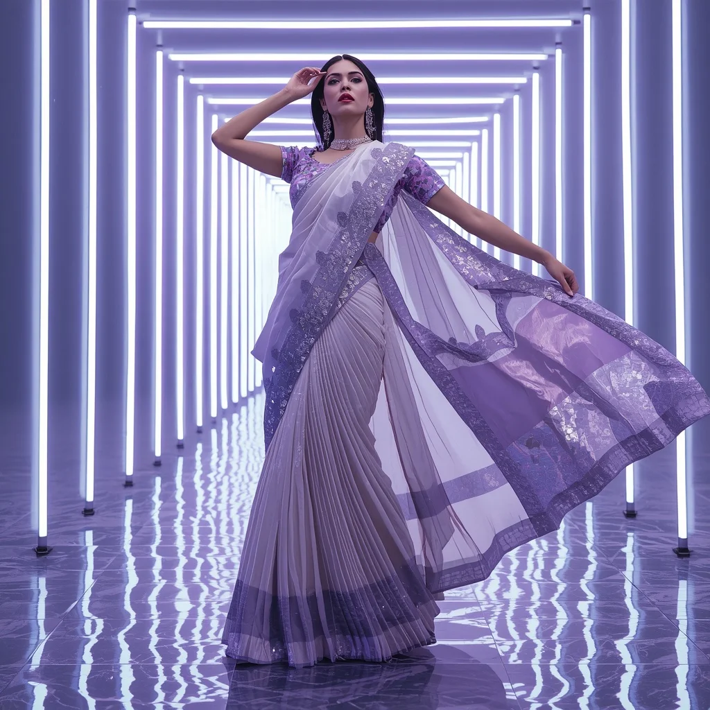 Cosmic Pearl Eclipse Saree with Dynamic Neon Prism Infinity Corridor | Marathi Girl Ai Prompt