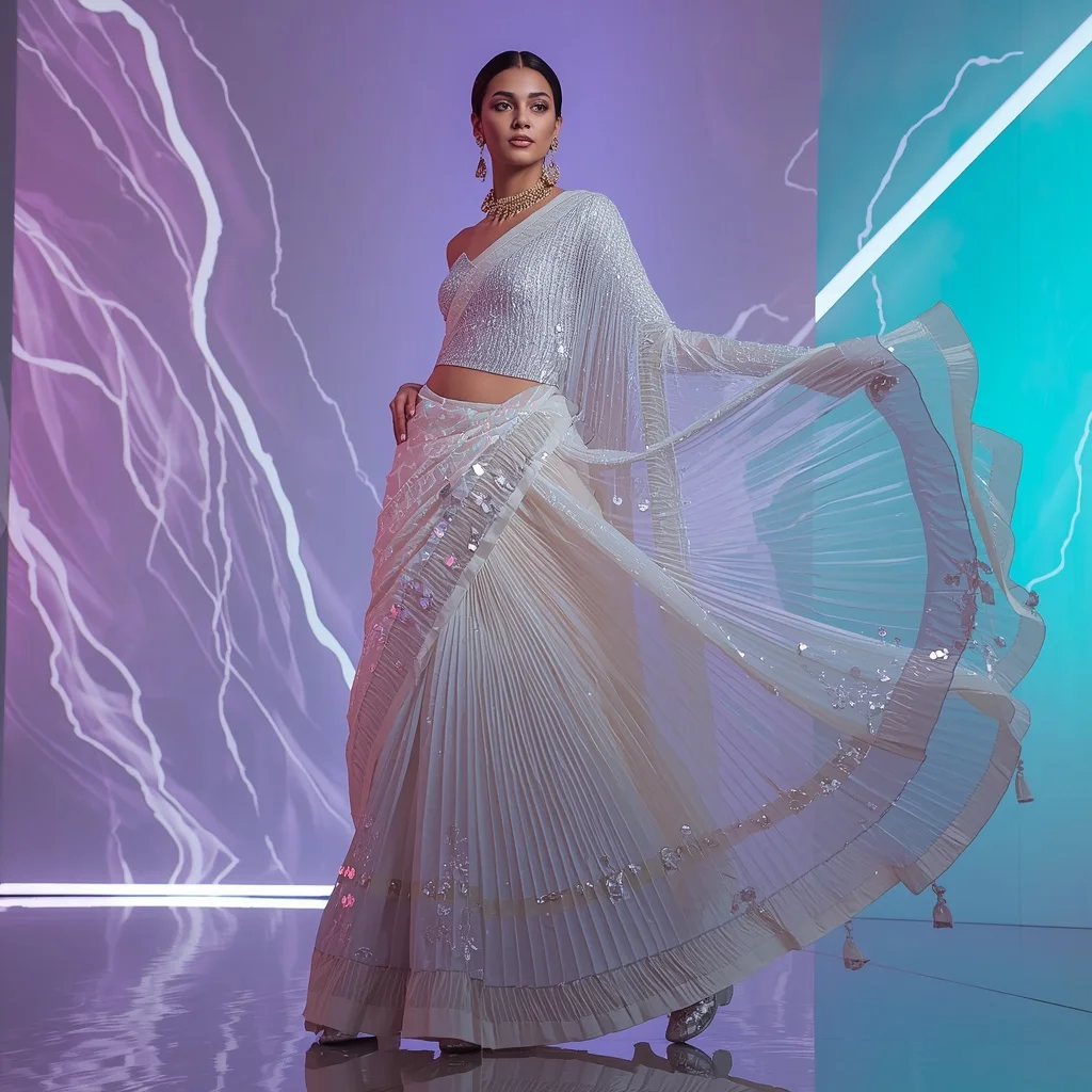 Cosmic Pearl Eclipse Saree with Dynamic Neon Prism Worlds | Profile Picture Ai Prompt