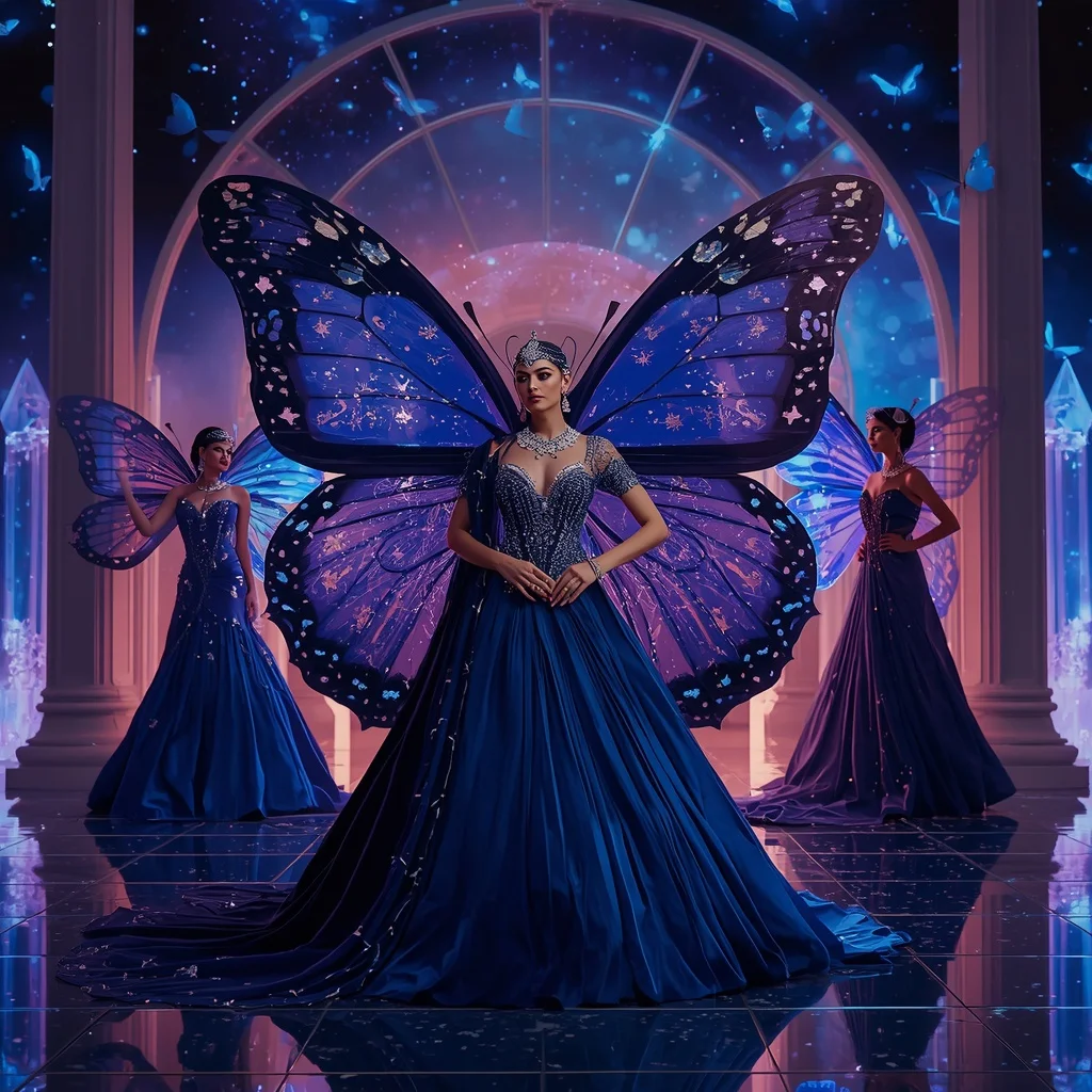 Cosmic Sapphire Butterfly Throne Saree  Luxury Multi-Pose Galaxy Couture with Celestial Palace Background | Desi Girl Ai Prompt