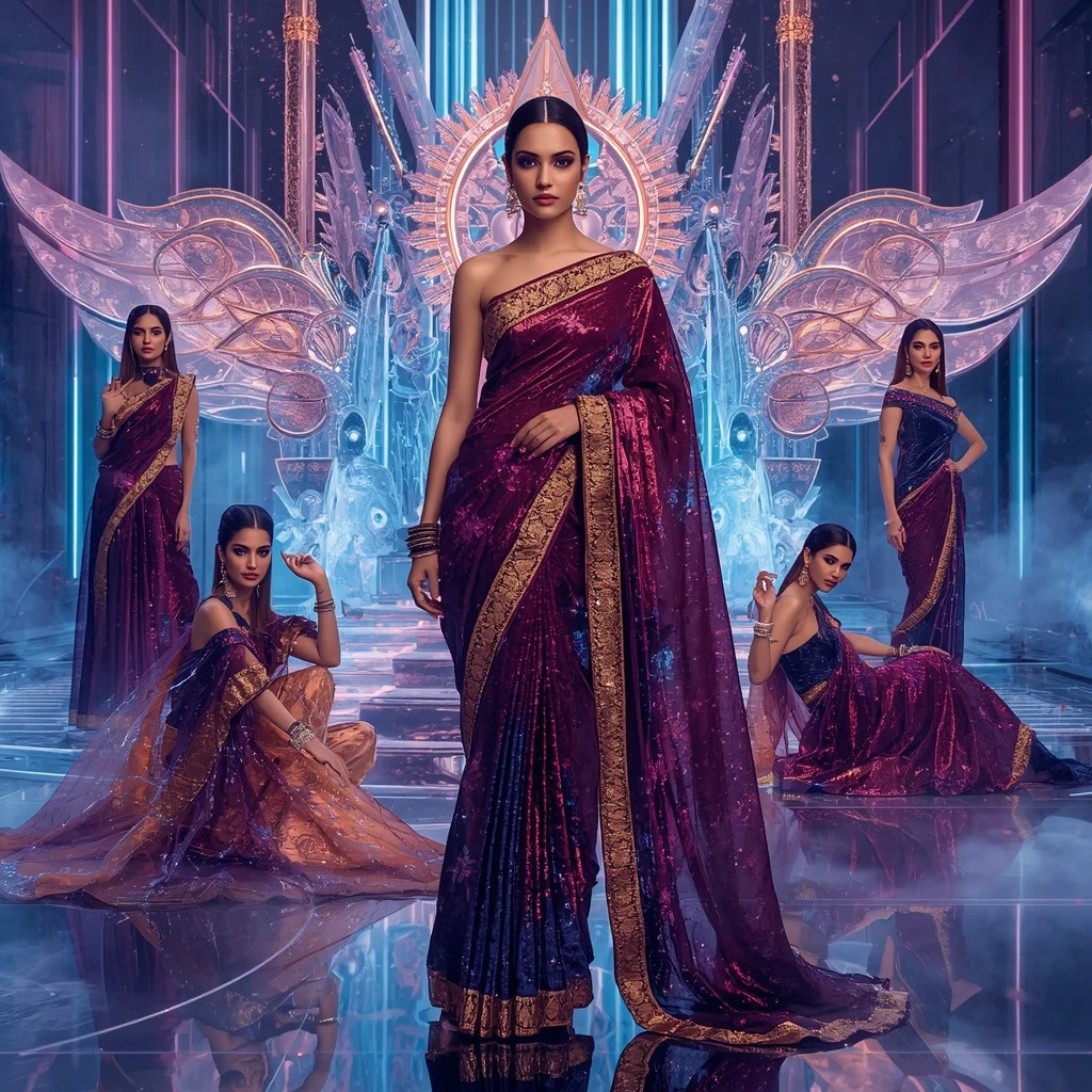 Cosmic Velvet Festival Saree with Floating Neon Throne Crystal Empire | Prompt Gemini