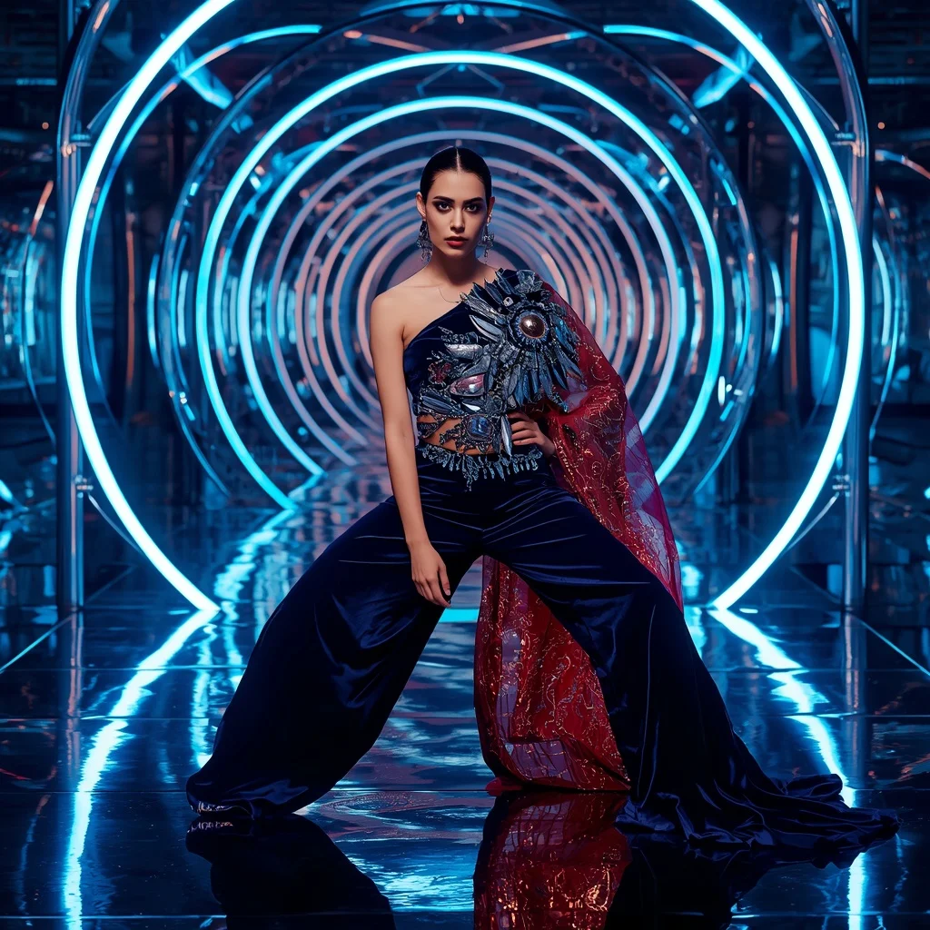 Cosmic Velvet Inferno Saree with Neon Orbit Palace | Photo Prompt
