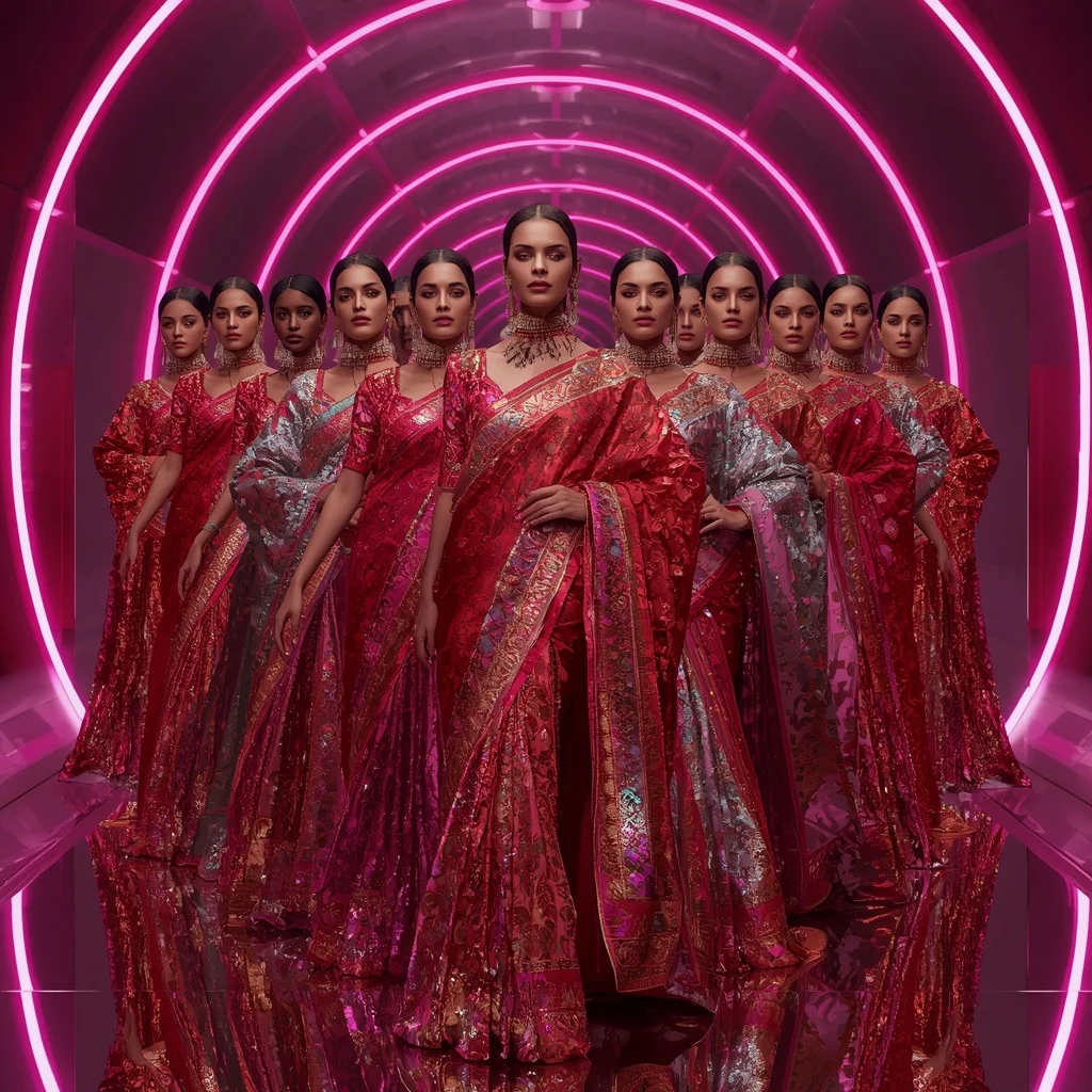 Crimson Aurora Hyperverse Saree with Six Hundred Dynamic Poses and Neon Reflection Eternal Hyperrealm | Gemini Ai Prompt For Instagram
