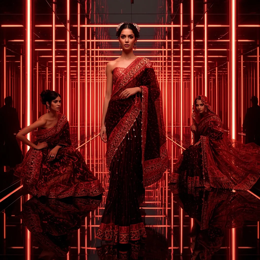 Crimson Cyber Royale Saree with Floating Neon Orbit Corridors | Photo Prompt