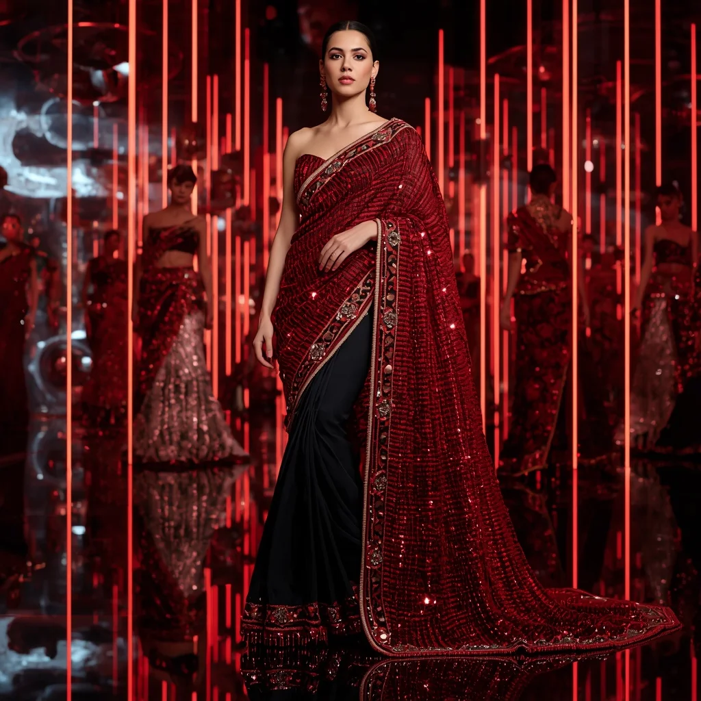 Crimson Cyber Royale Saree with Floating Neon Orbit Empire | Instagram Post Ai Prompt
