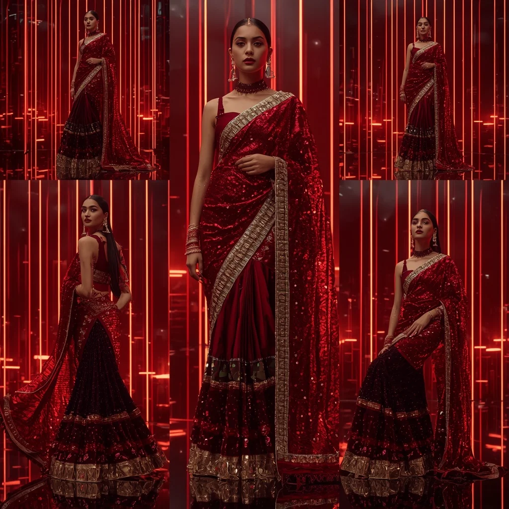 Crimson Cyber Royale Saree with Floating Neon Orbit Palace | Prompt Image