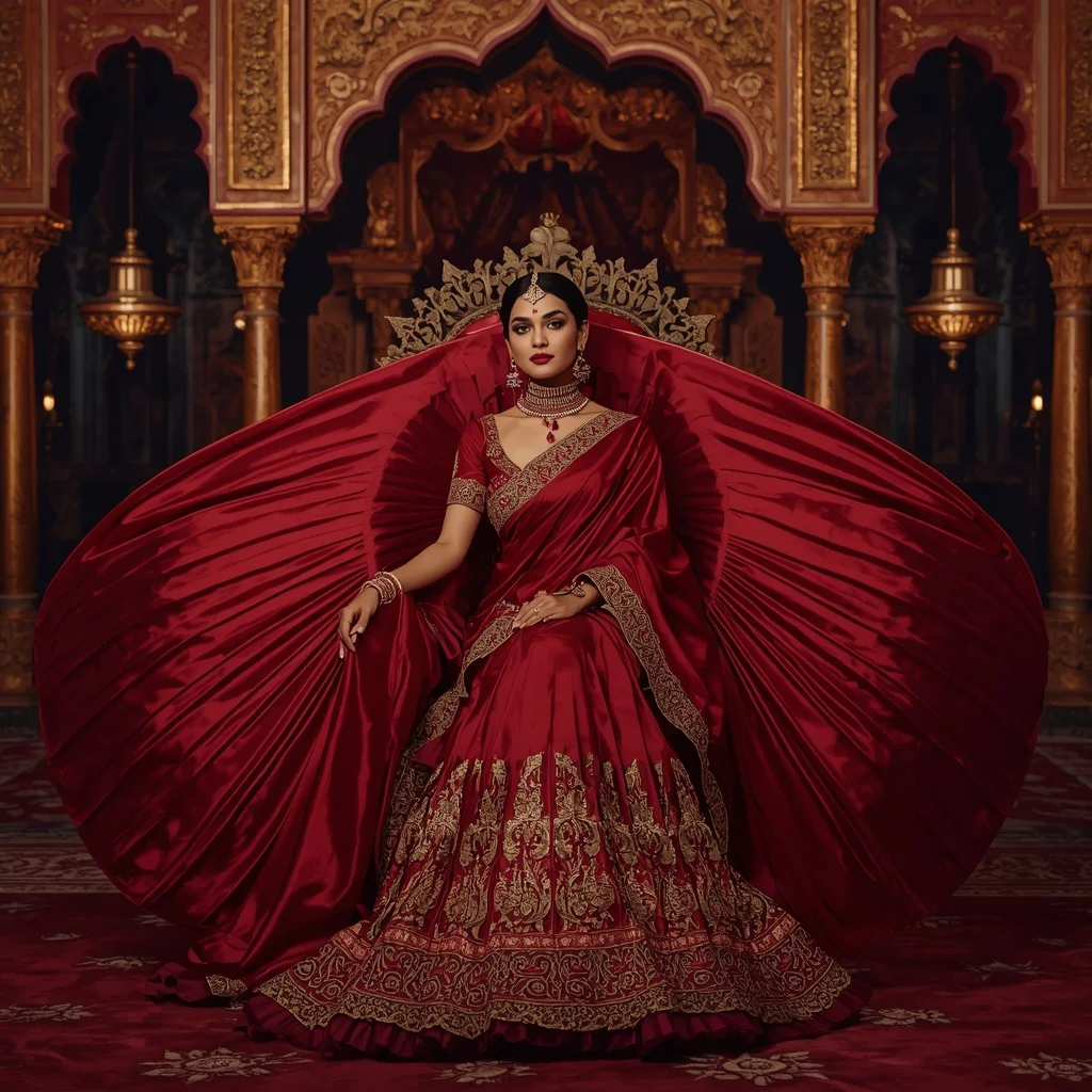 Crimson Empress Swallowtail Saree with Imperial Durbar Hall Background | Desi Girl Ai Prompt