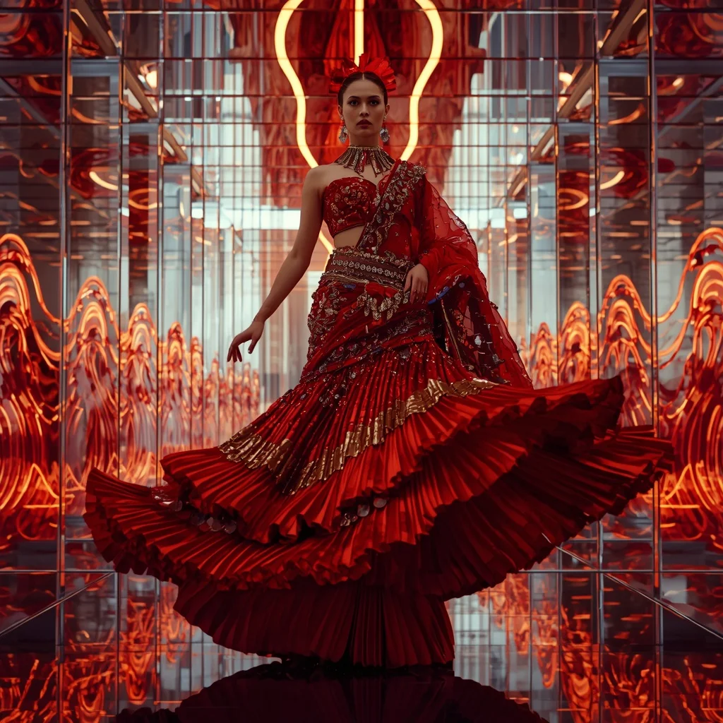 Crimson Inferno Queen Saree with Prism Reflection Palace | Gemini Ai Saree Photo