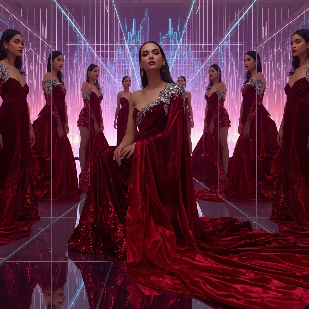 Crimson Infinity Couture Saree with Prism Crystal Neon Skyline | Girl Photo Prompt Gemini
