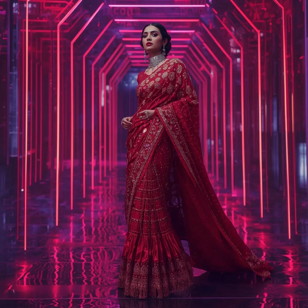 Crimson Nova Aurora Saree with Floating Infinity Neon Sanctuary Corridors | South Indian Prompt For Girl ChatGPT