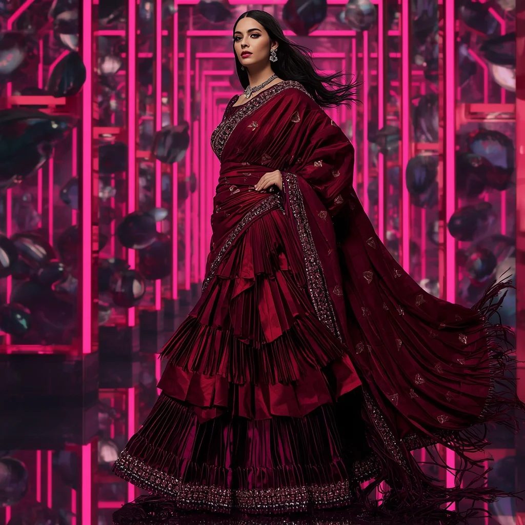 Crimson Nova Mirror Saree with Floating Infinity Corridors | Desi Girl Ai Prompt