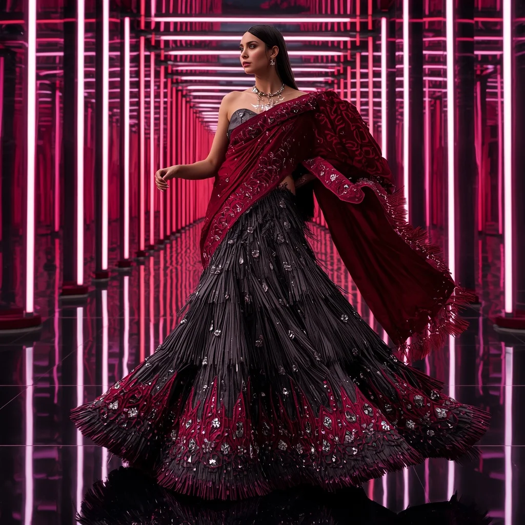 Crimson Nova Mirror Saree with Floating Infinity Hallways | Ideogram Ai Prompt