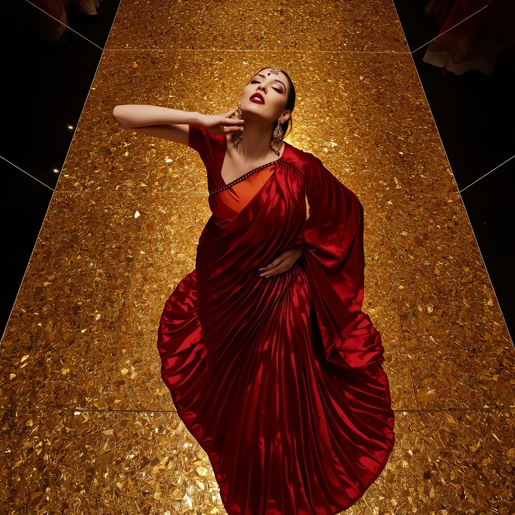 Crimson Parametric Pleat Saree – Overhead Angle with Crushed Gold Glass | Prompt Ai For Girl Aesthetic