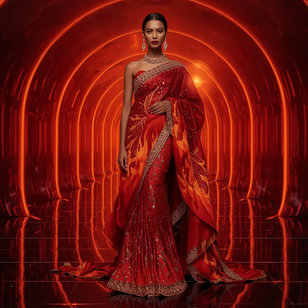 Crimson Solar Empire Saree with Infinity Lava Cathedral | Saree Photo Ai Prompt