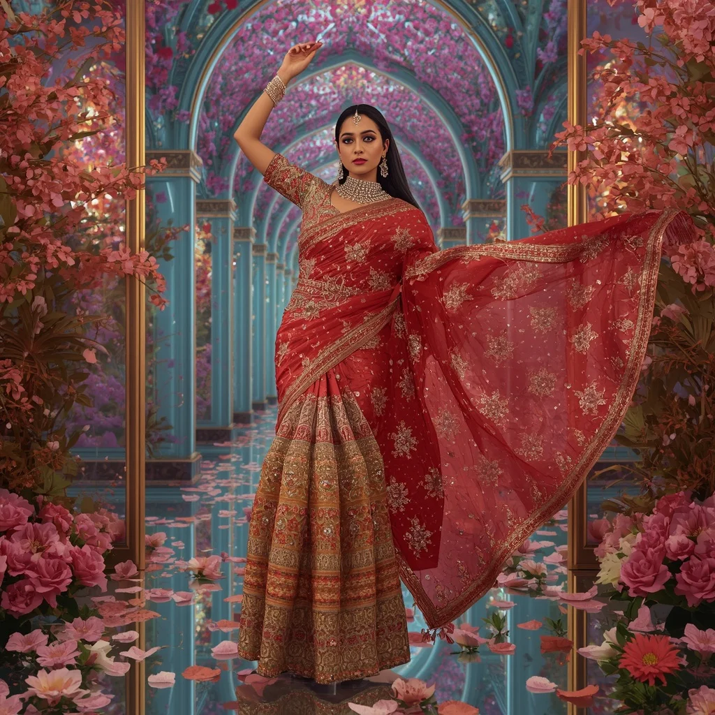 Crimson Solar Monarchveil Saree with Bloomglass Infinitycathedral and Prism Crownstream Dreamvaults | Cyberpunk Girl Ai Prompt