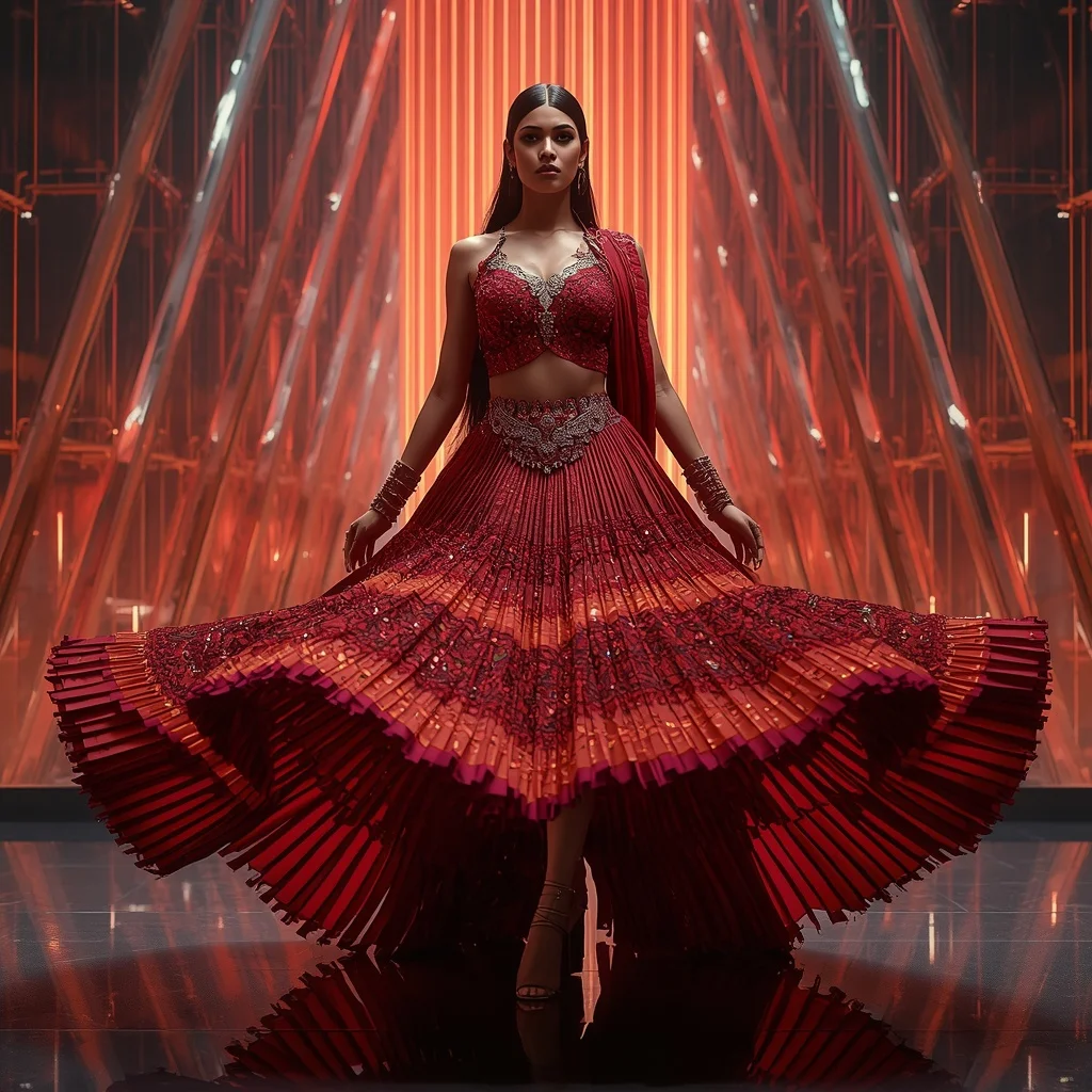 Crimson Thunder Royale Saree with Prism Reflection Fortress | Girls Trending Prompt Gemini Instagram